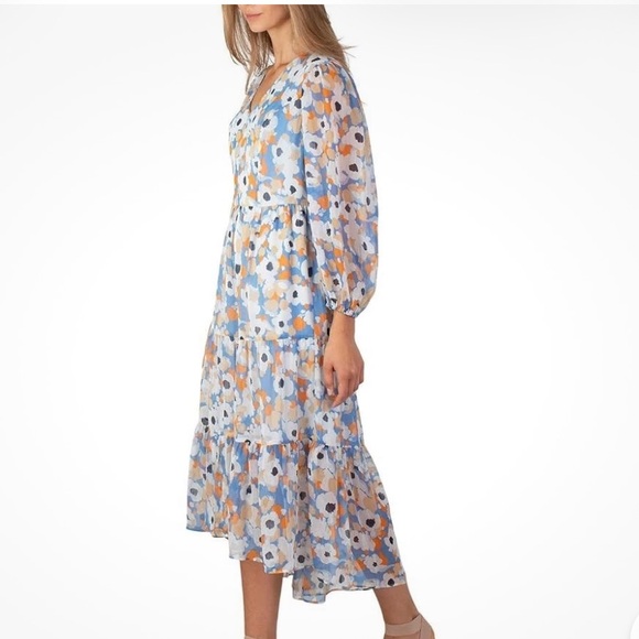 Joie Blue/Coral Floral Tiered Flowy Boho Prairie Dress W High-Low Hem Size XS - Picture 5 of 15